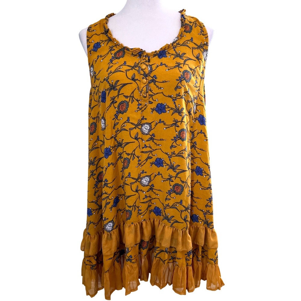 Papillon Mustard Yellow Floral Ruffle Hem Sleeveless Tunic Top Size Medium‎